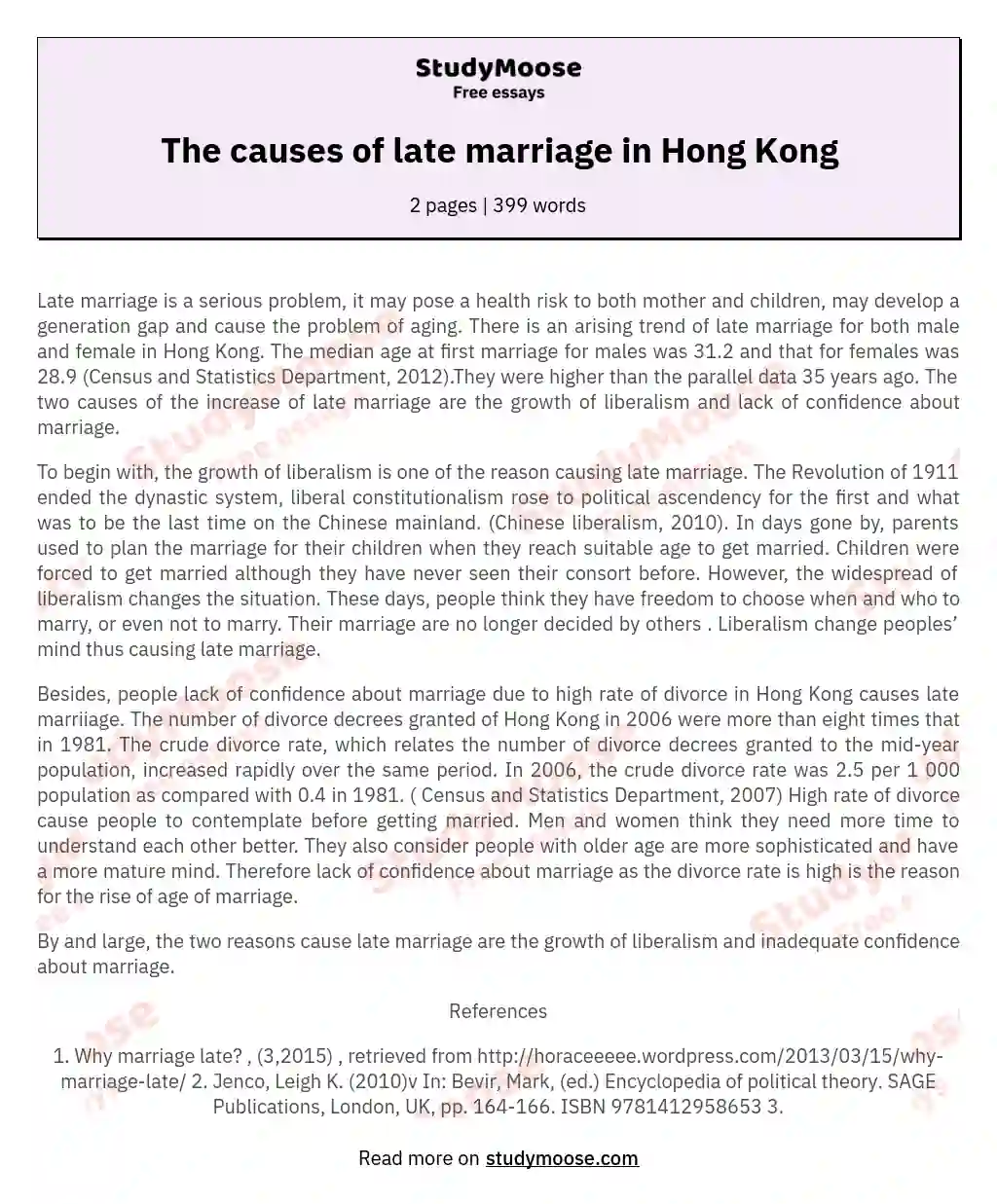 The causes of late marriage in Hong Kong essay
