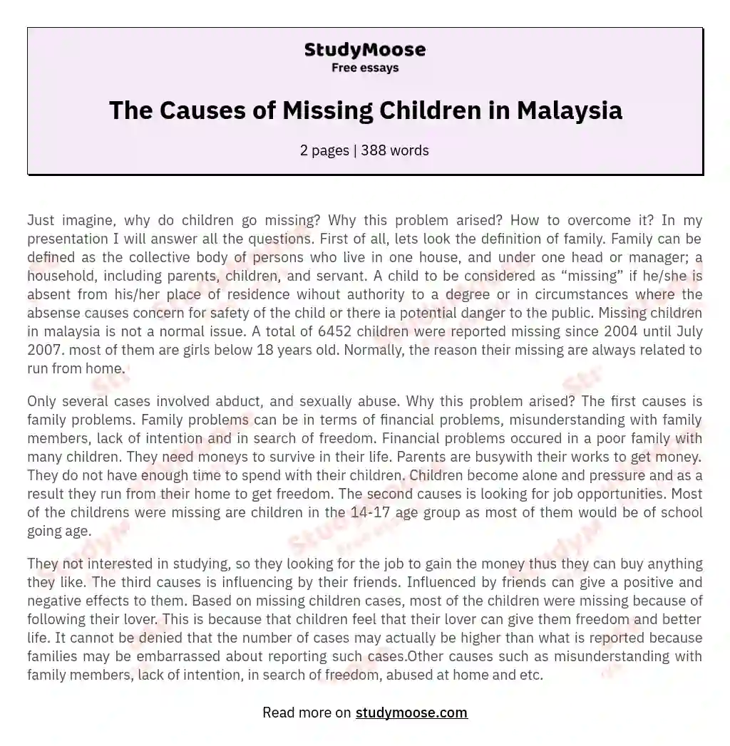 The Causes of Missing Children in Malaysia essay