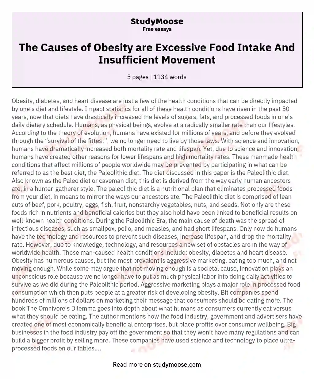 The Causes of Obesity are Excessive Food Intake And Insufficient Movement essay