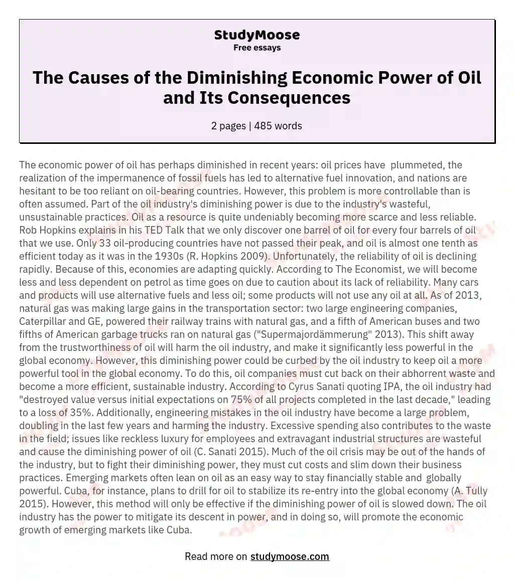 The Causes of the Diminishing Economic Power of Oil and Its Consequences essay