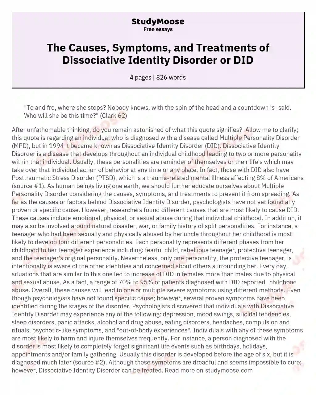 The Causes, Symptoms, and Treatments of Dissociative Identity Disorder or DID essay