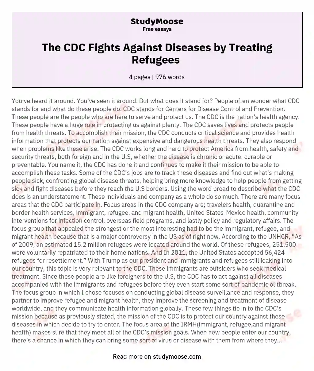 The CDC Fights Against Diseases by Treating Refugees  essay