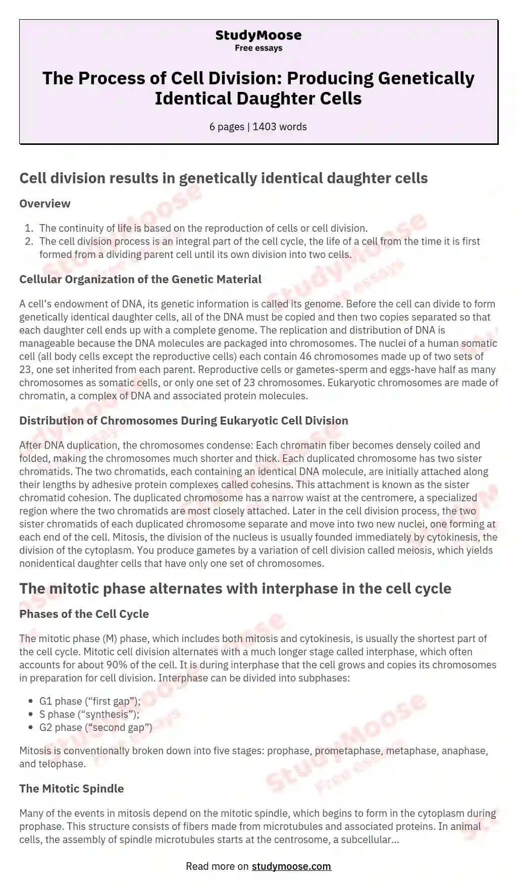 The Process of Cell Division: Producing Genetically Identical Daughter Cells essay