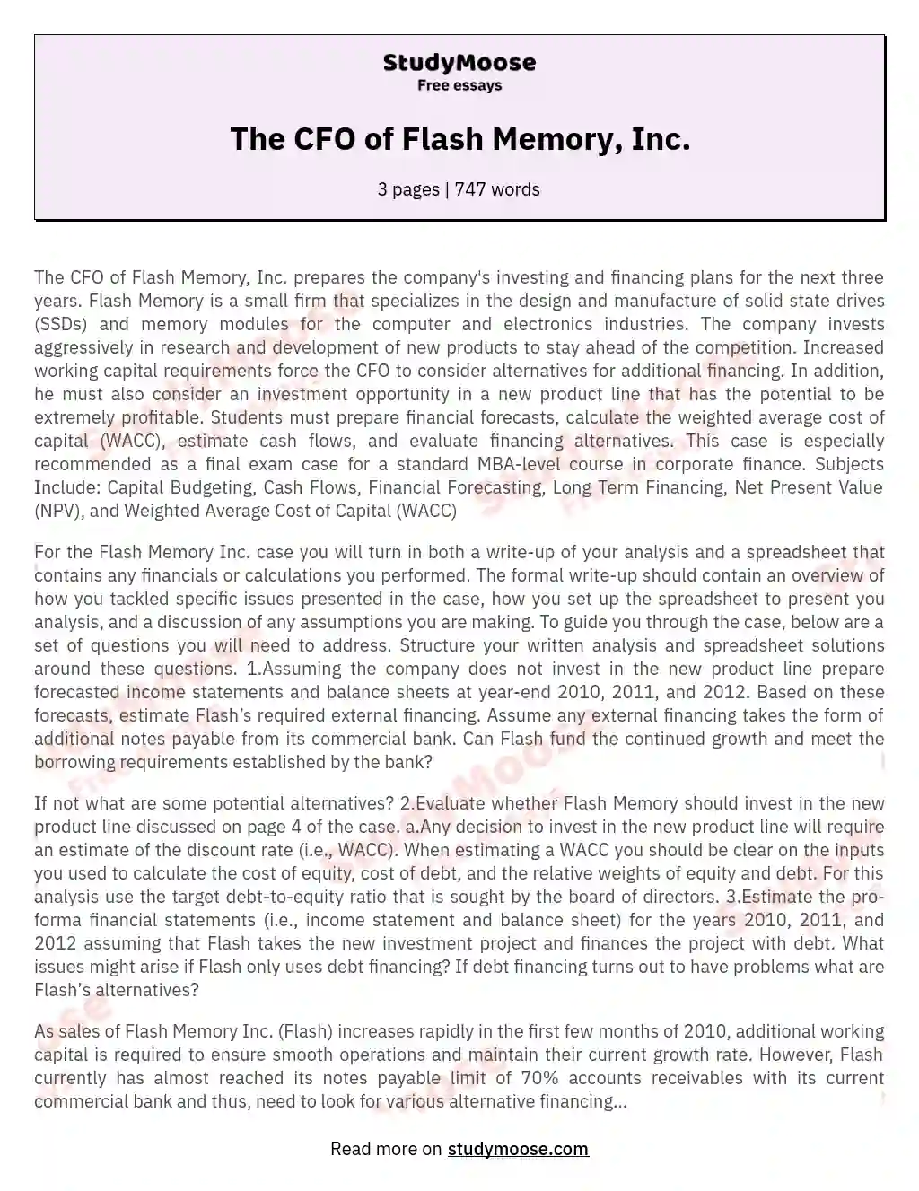 The CFO of Flash Memory, Inc. essay