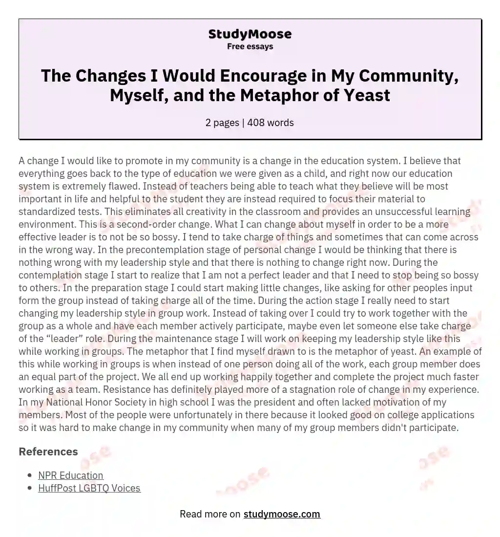 The Changes I Would Encourage in My Community, Myself, and the Metaphor of Yeast essay