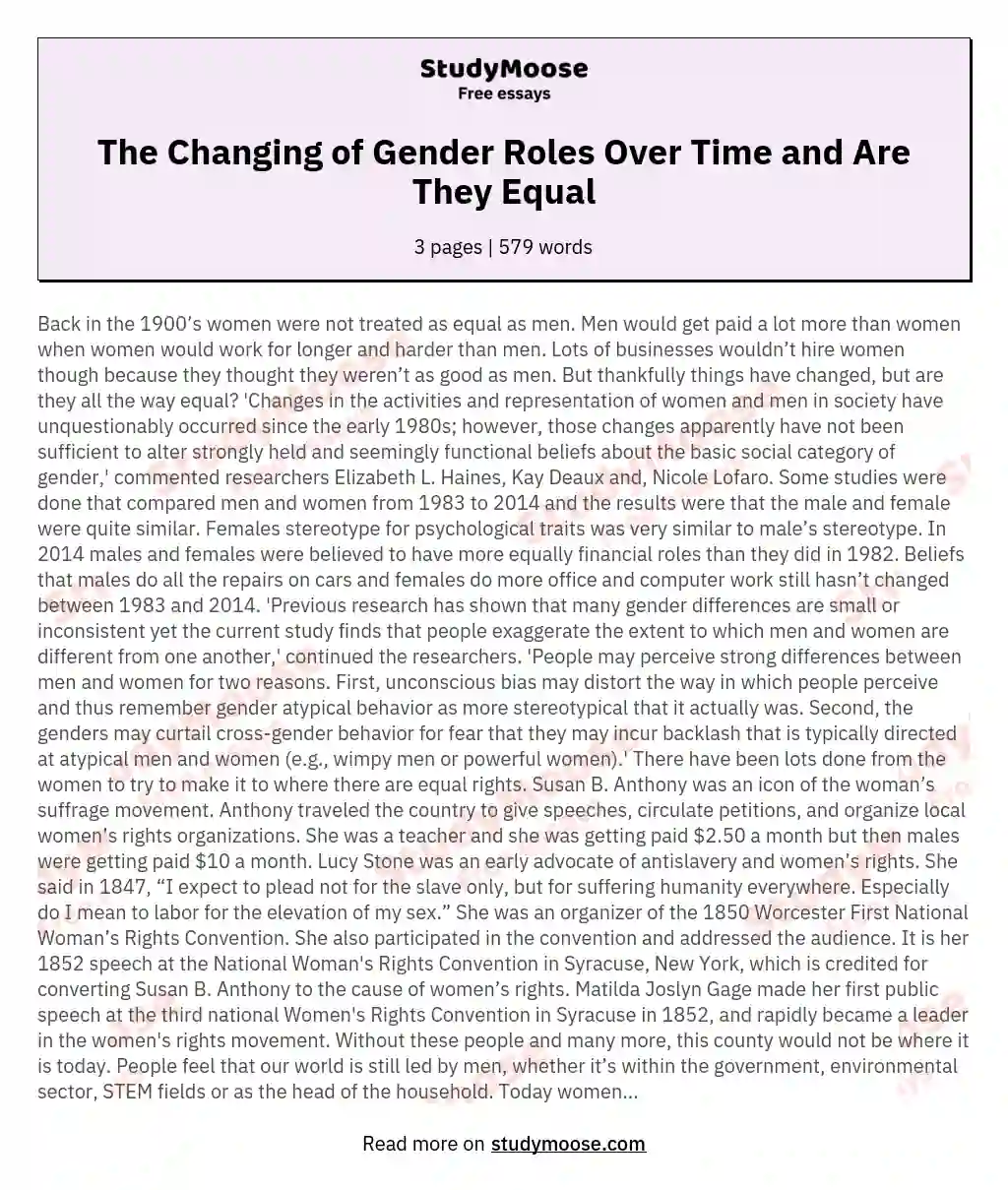 The Changing of Gender Roles Over Time and Are They Equal essay
