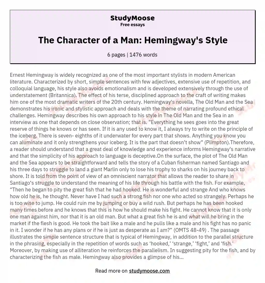 The Character of a Man: Hemingway's Style essay