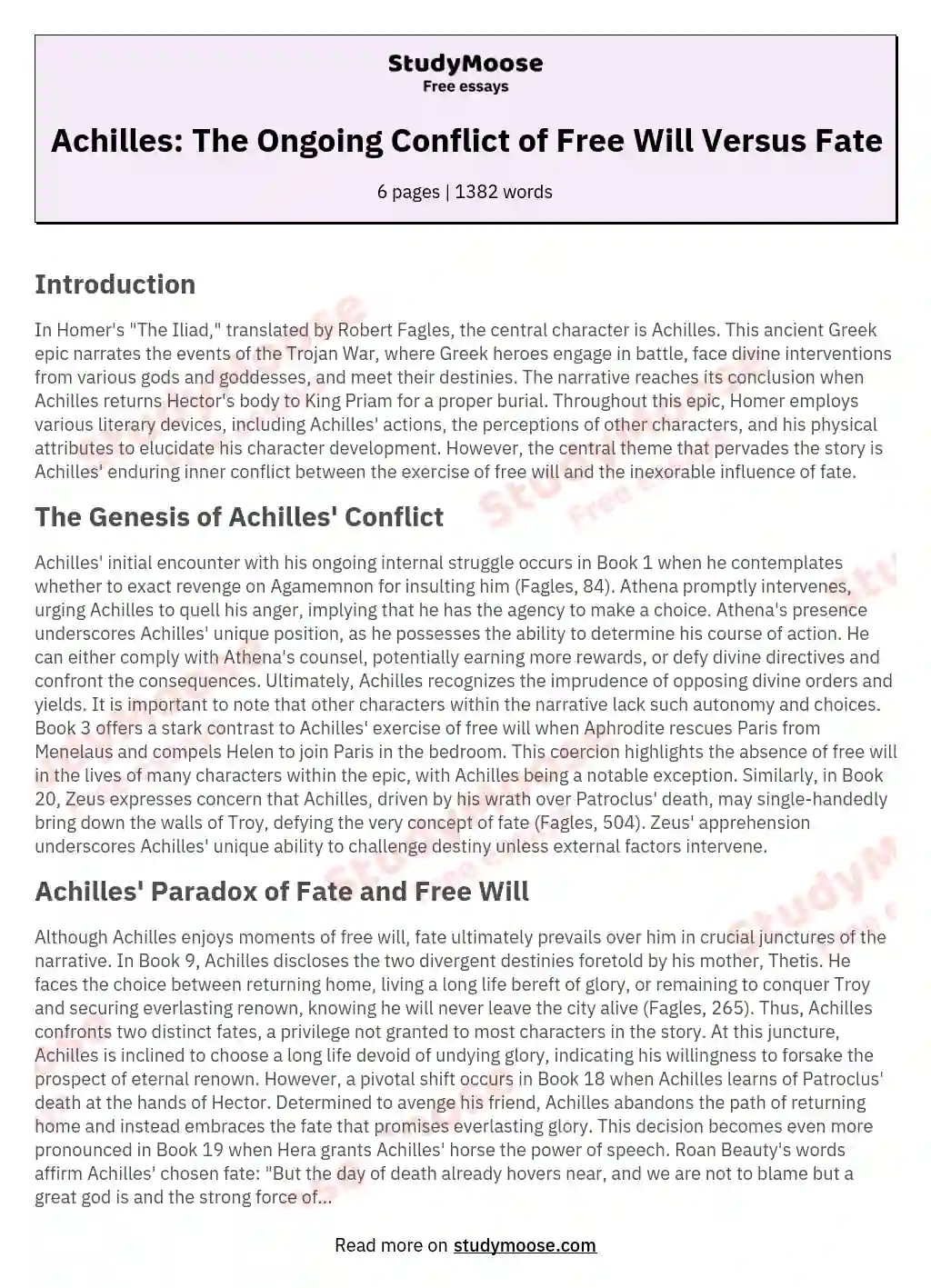 Achilles: The Ongoing Conflict of Free Will Versus Fate essay