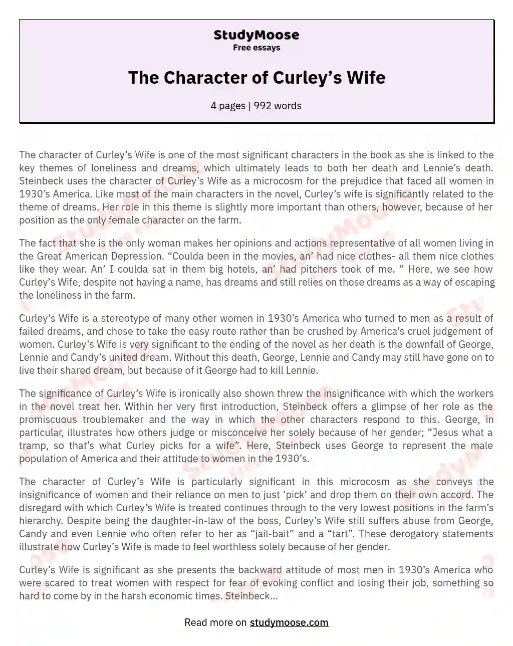 The Character of Curley’s Wife essay