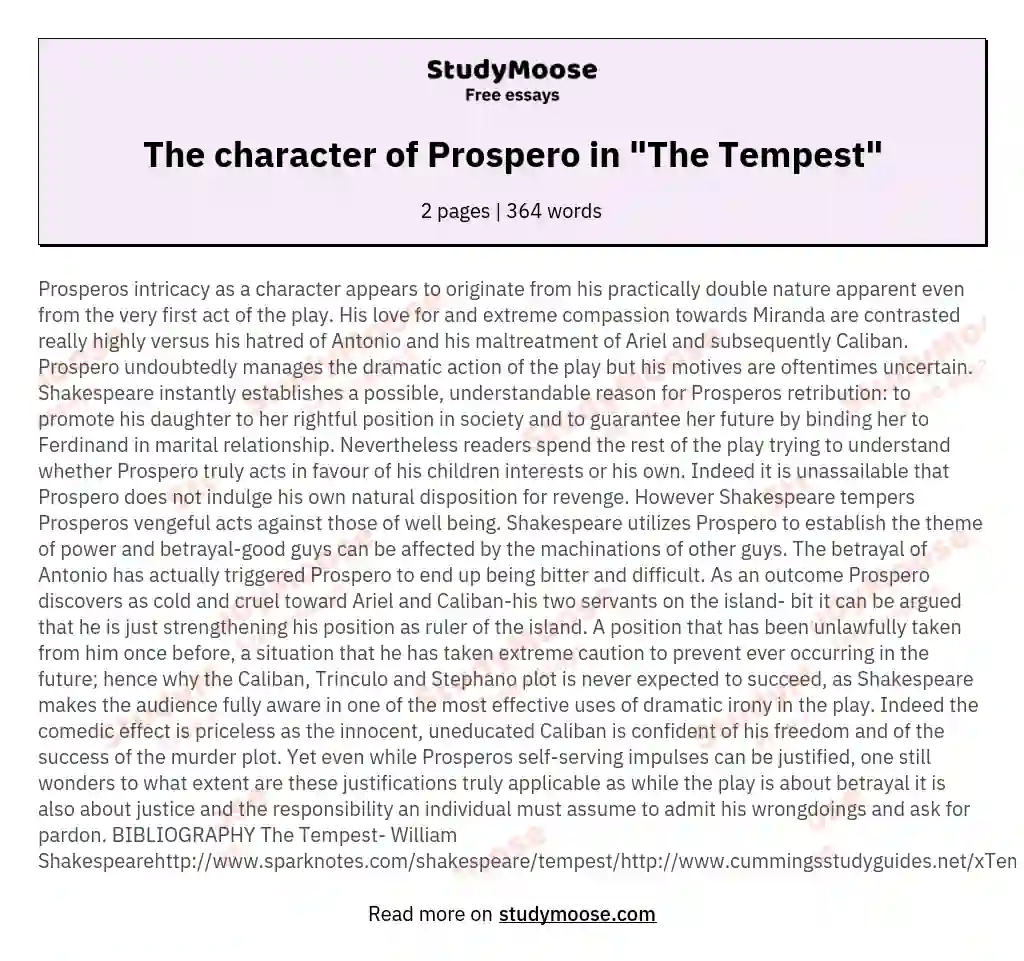 The character of Prospero in "The Tempest" essay