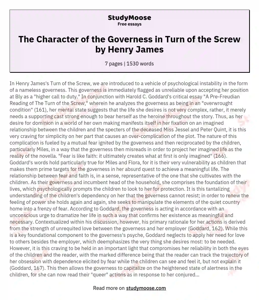 The Character of the Governess in Turn of the Screw by Henry James essay
