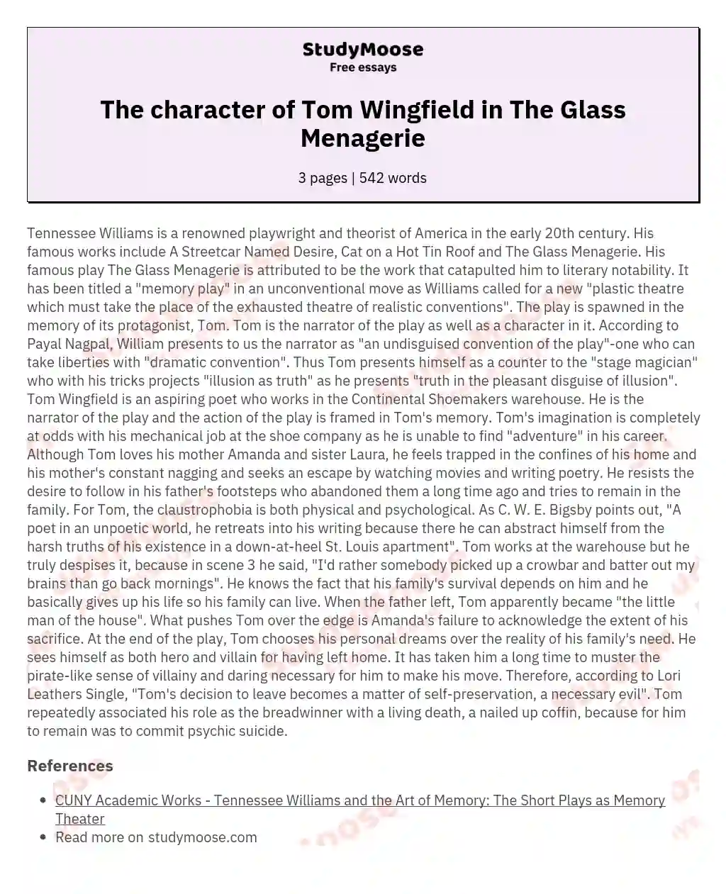 The character of Tom Wingfield in The Glass Menagerie essay