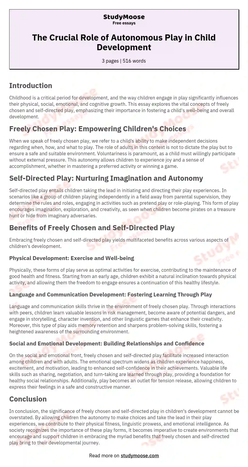 The Crucial Role of Autonomous Play in Child Development essay