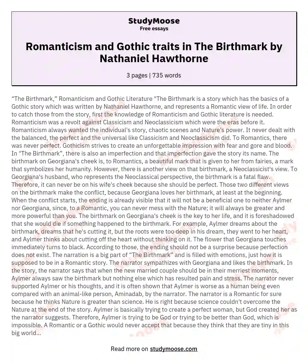 Romanticism and Gothic traits in The Birthmark by Nathaniel Hawthorne essay
