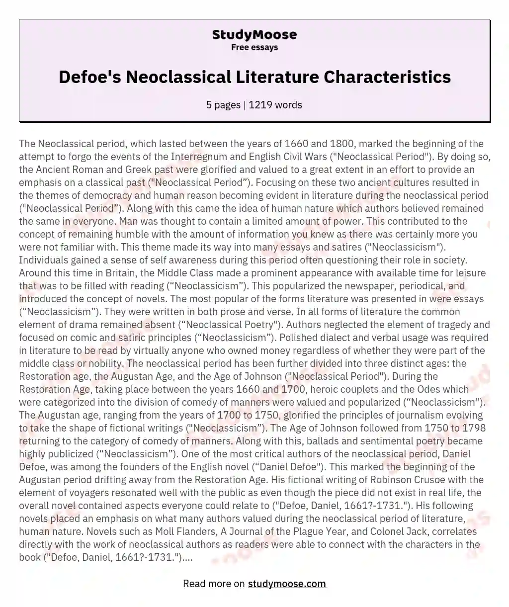 Neoclassical Period: Daniel Defoe's Impact on Literature essay