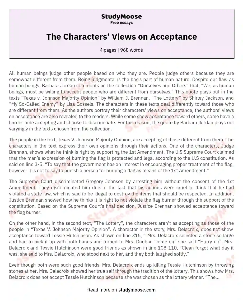 The Characters’ Views on Acceptance essay