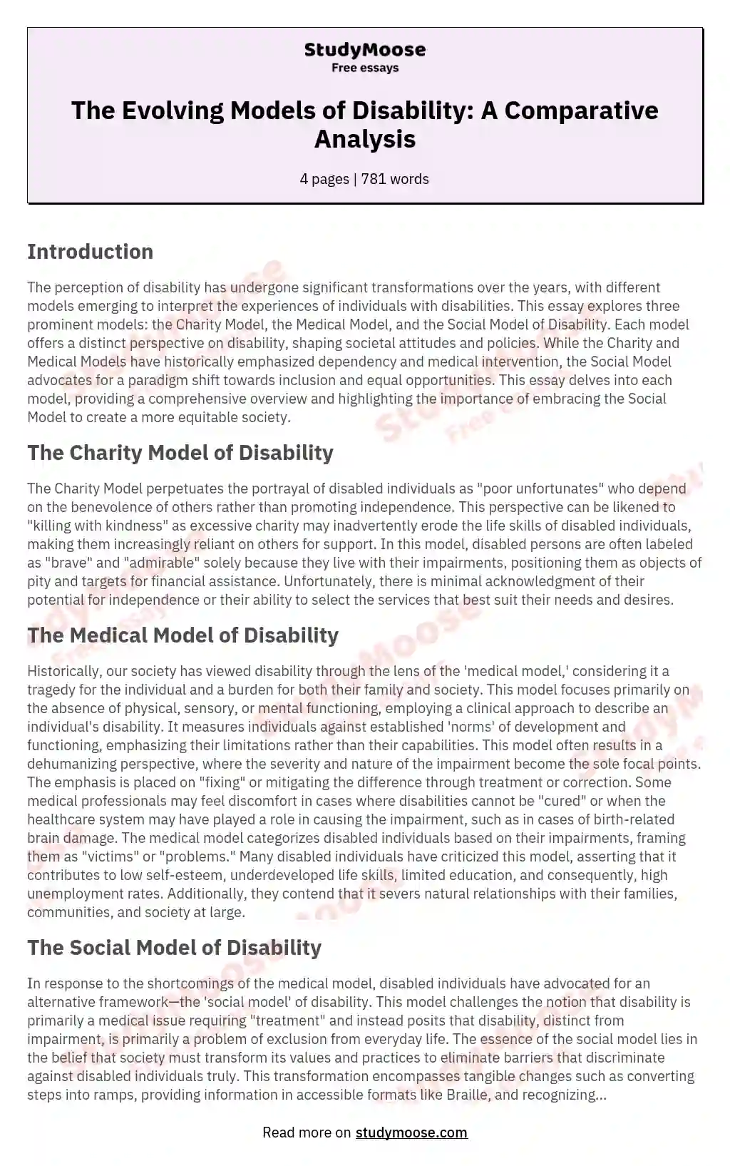 The Evolving Models of Disability: A Comparative Analysis essay