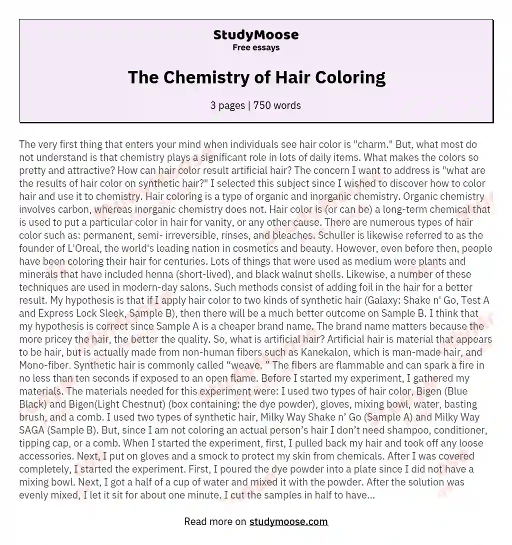 The Chemistry of Hair Coloring Free Essay Example