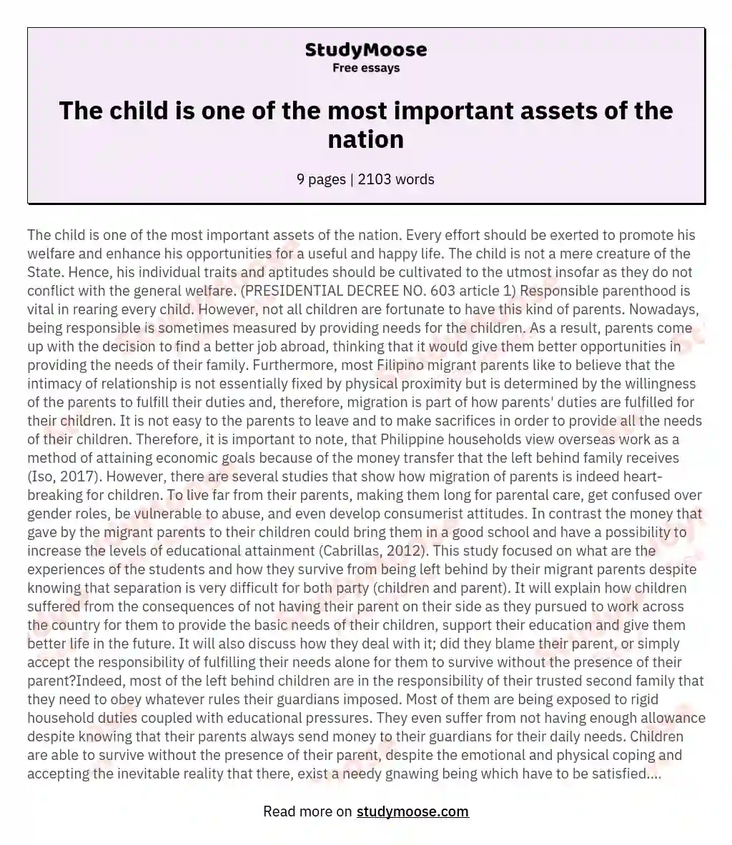 The child is one of the most important assets of the nation essay