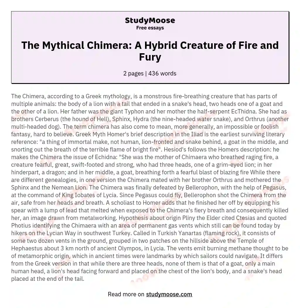 The Mythical Chimera: A Hybrid Creature of Fire and Fury essay