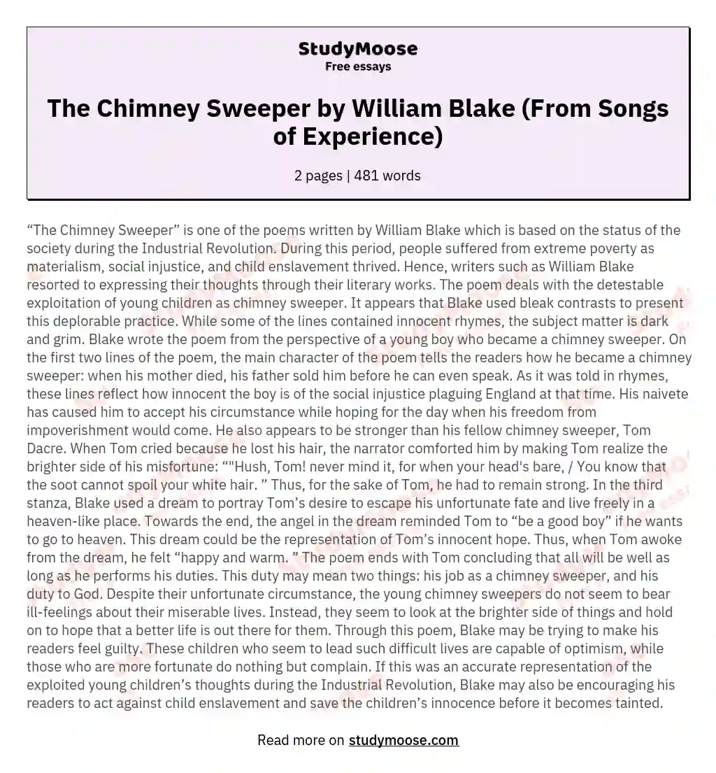 the chimney sweeper william blake songs of experience