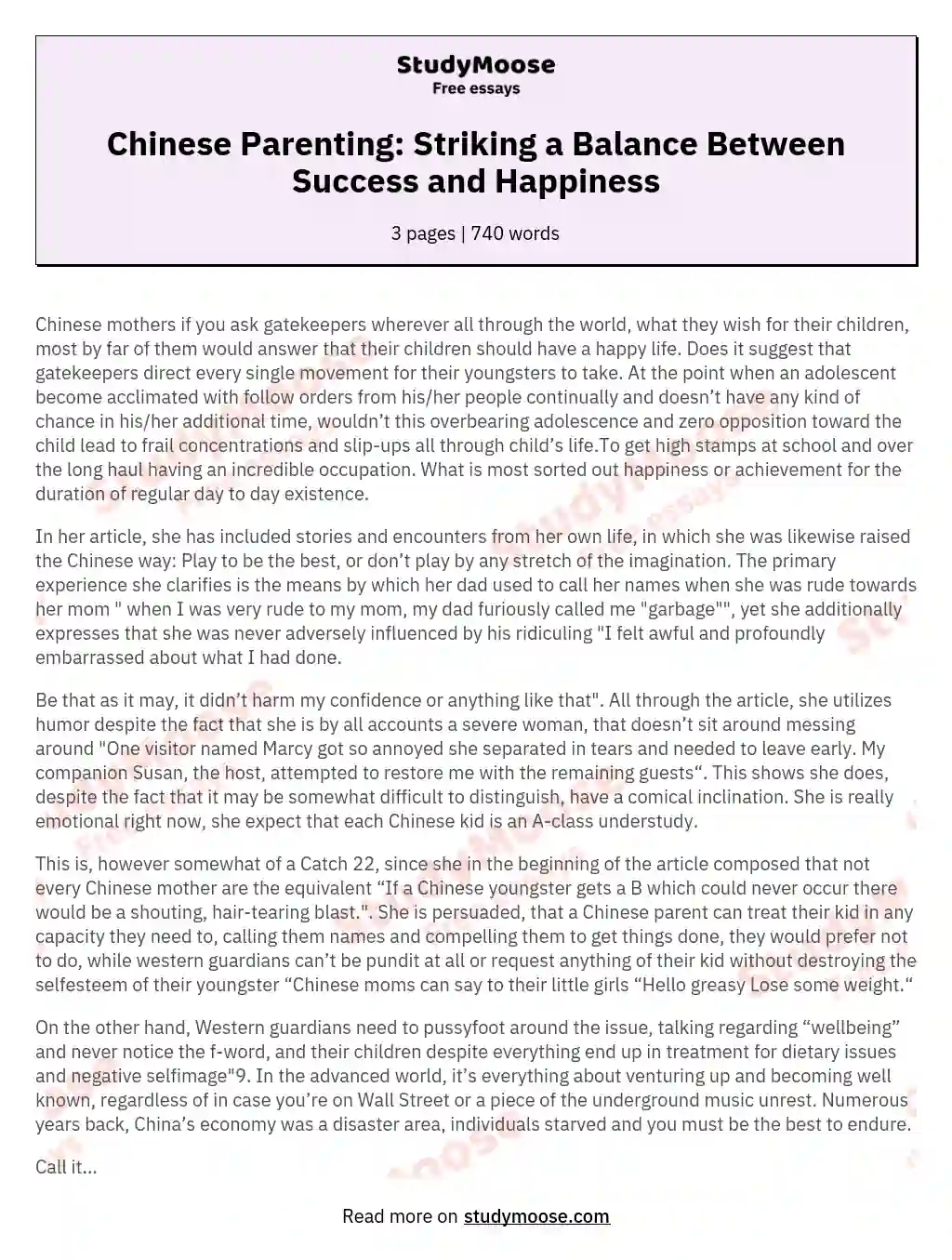 Chinese Parenting: Striking a Balance Between Success and Happiness essay