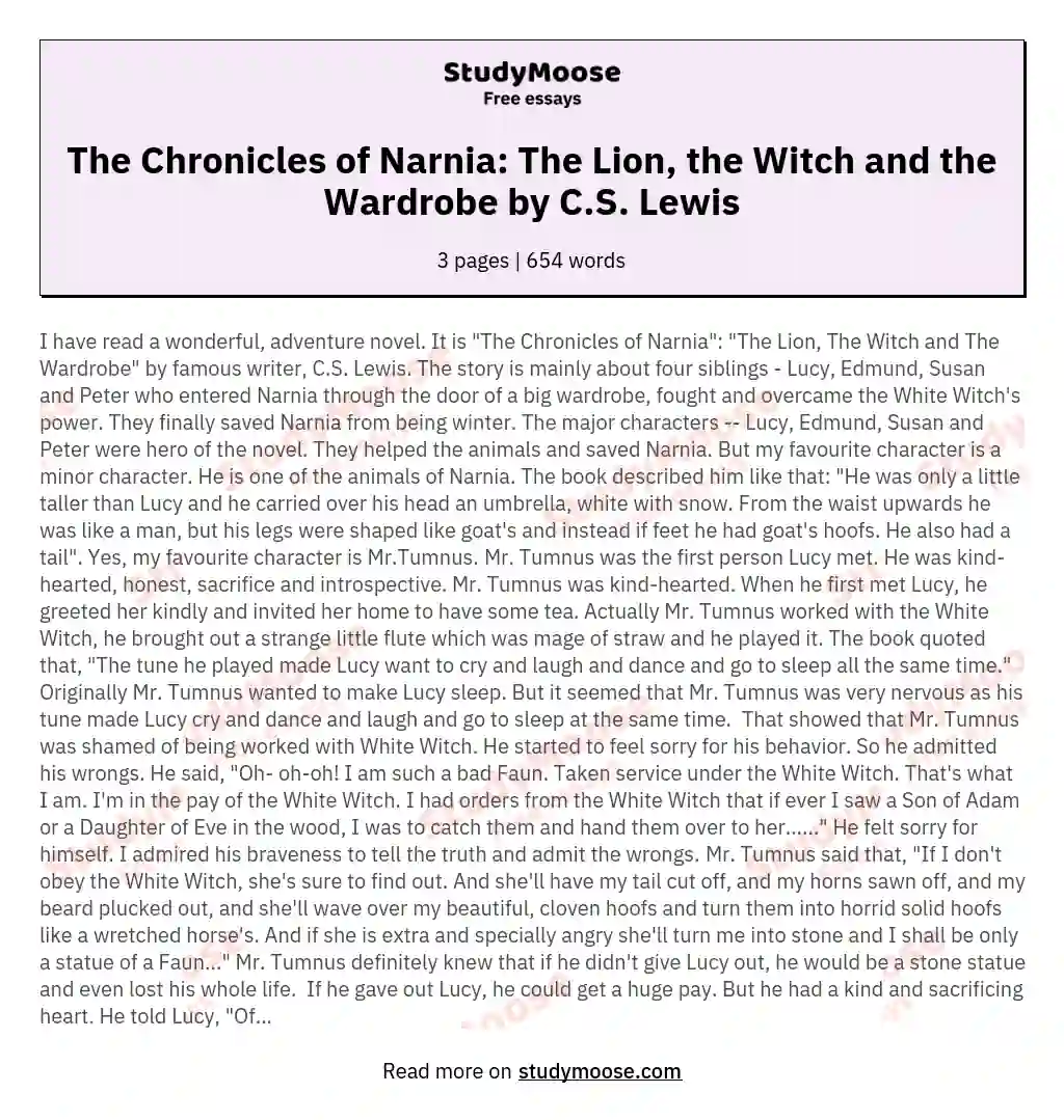 The Chronicles of Narnia: The Lion, the Witch and the Wardrobe by C.S. Lewis essay