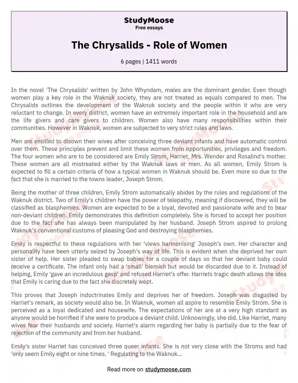 The Chrysalids - Role of Women essay