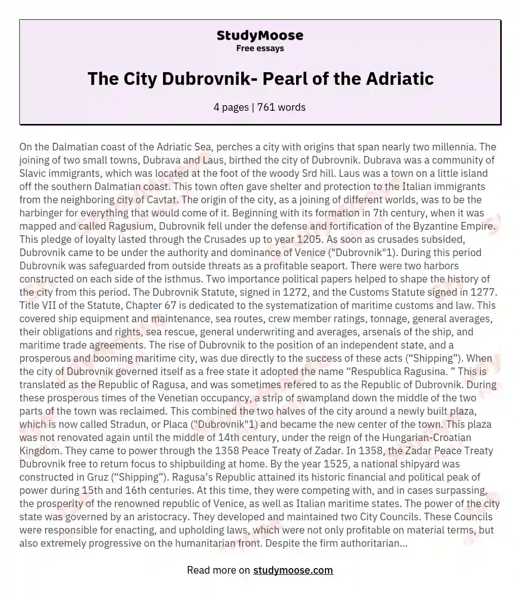 The City Dubrovnik- Pearl of the Adriatic essay