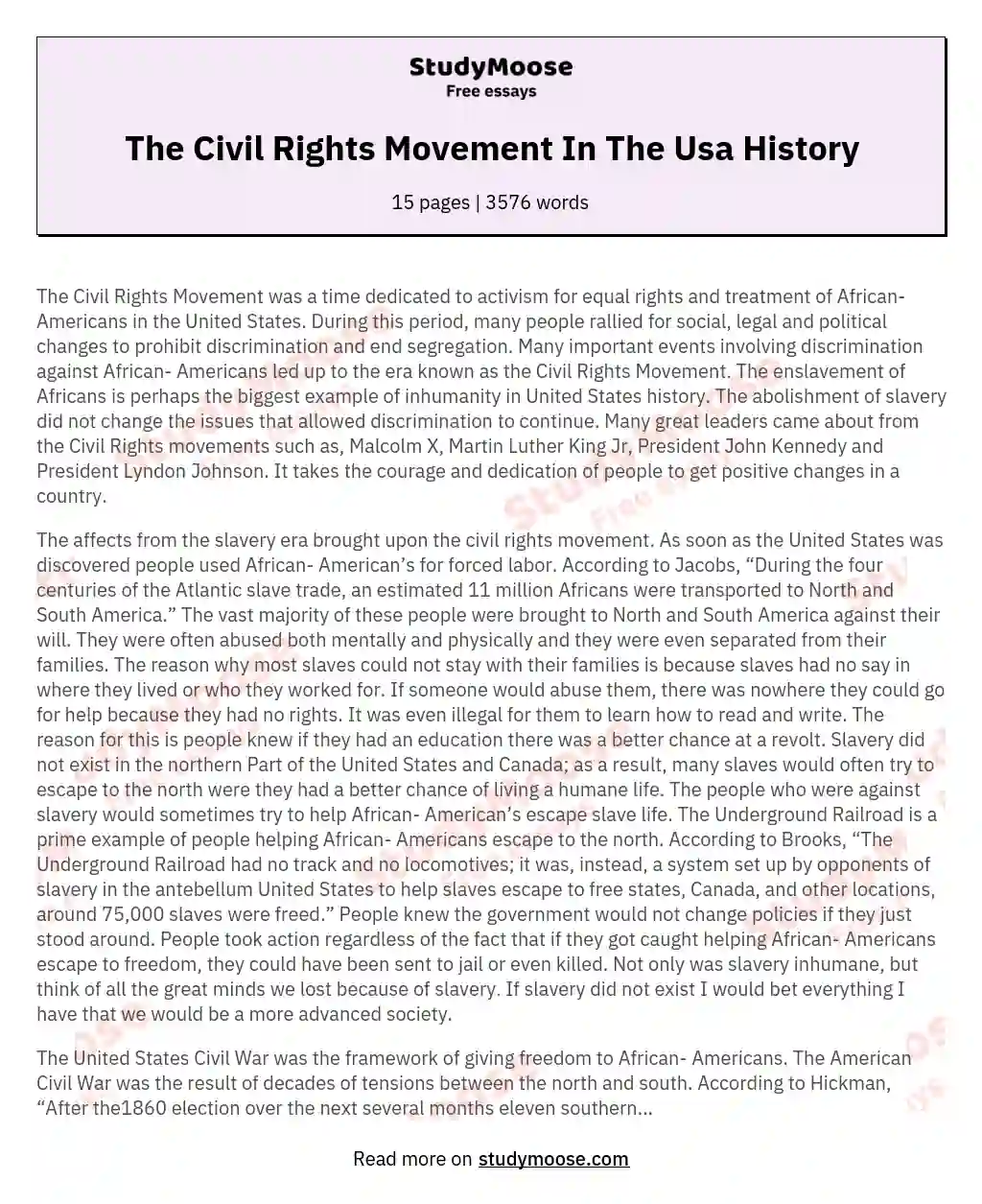 The Civil Rights Movement In The Usa History Free Essay Example