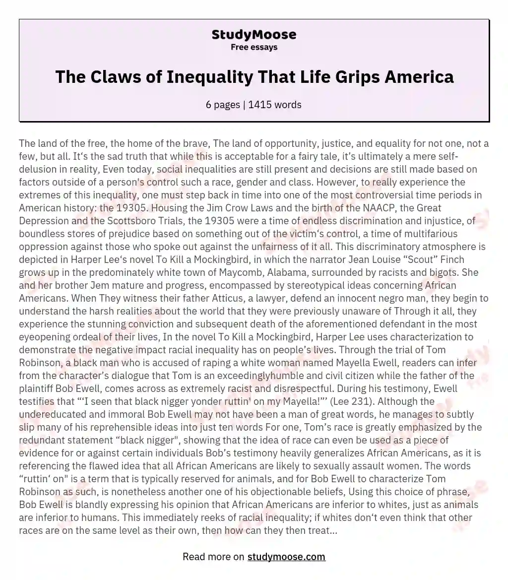The Claws of Inequality That Life Grips America essay
