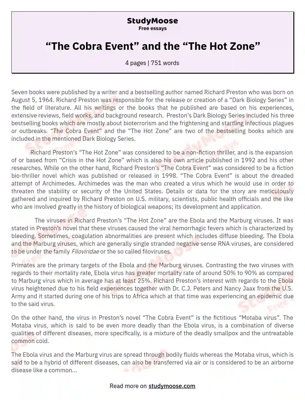 “The Cobra Event” and the “The Hot Zone”