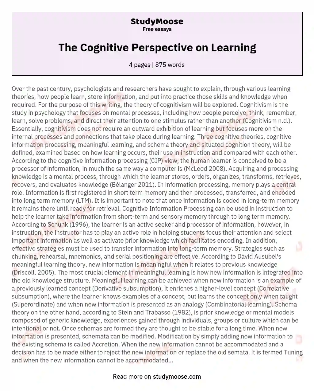 The Cognitive Perspective on Learning essay