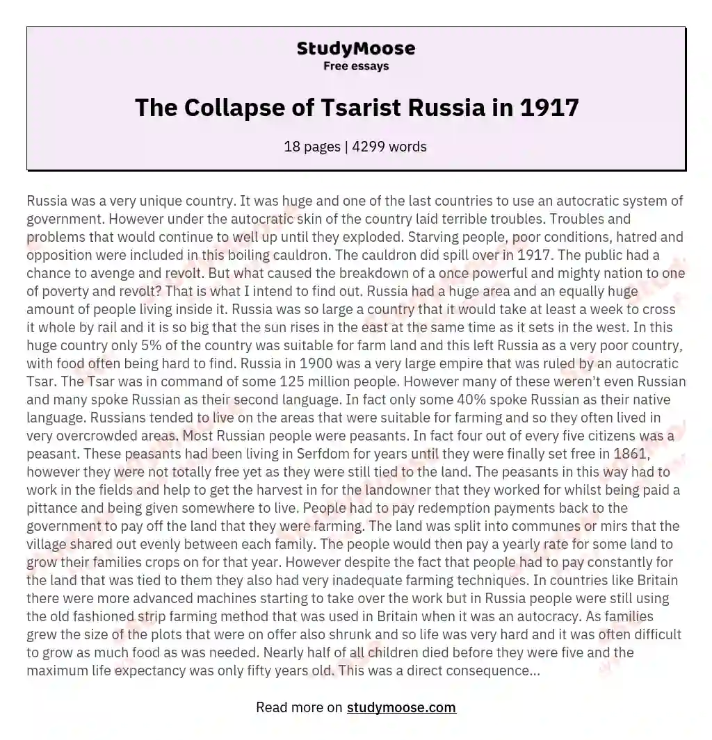 The Collapse of Tsarist Russia in 1917 essay
