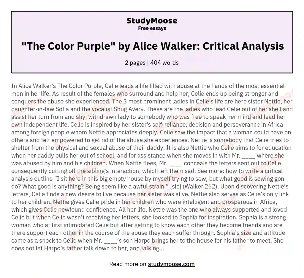 "The Color Purple" by Alice Walker: Critical Analysis
