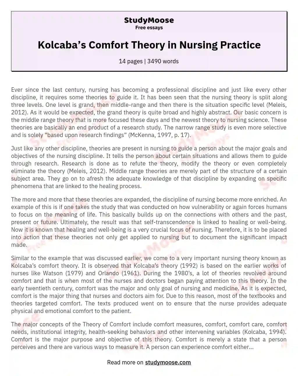 Kolcaba’s Comfort Theory in Nursing Practice essay