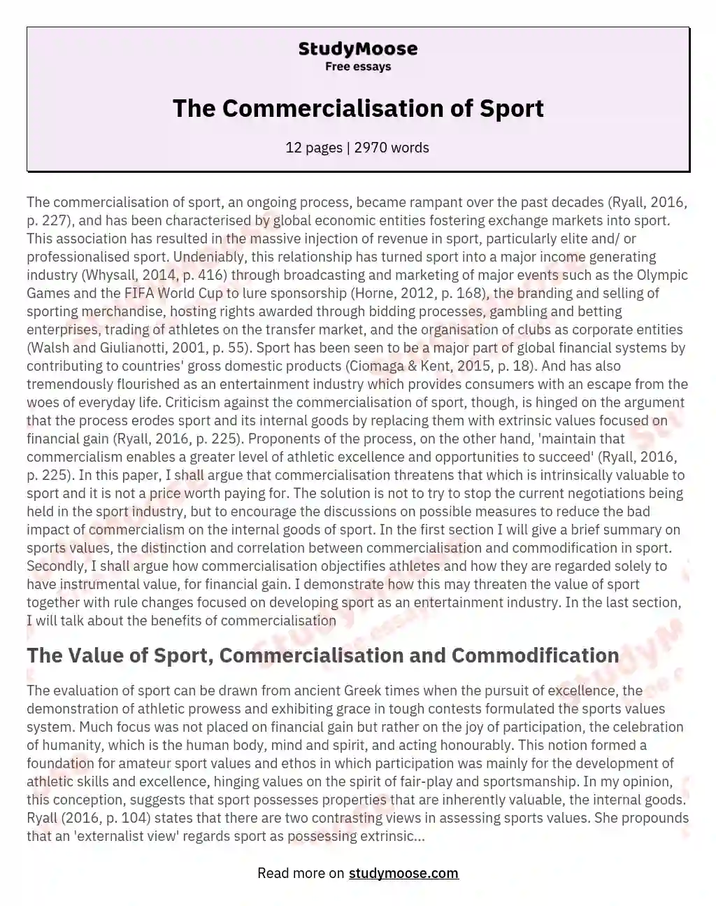 The Commercialisation of Sport essay