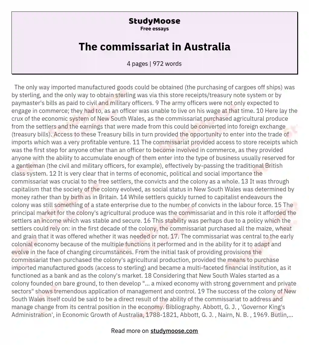 The commissariat in Australia essay