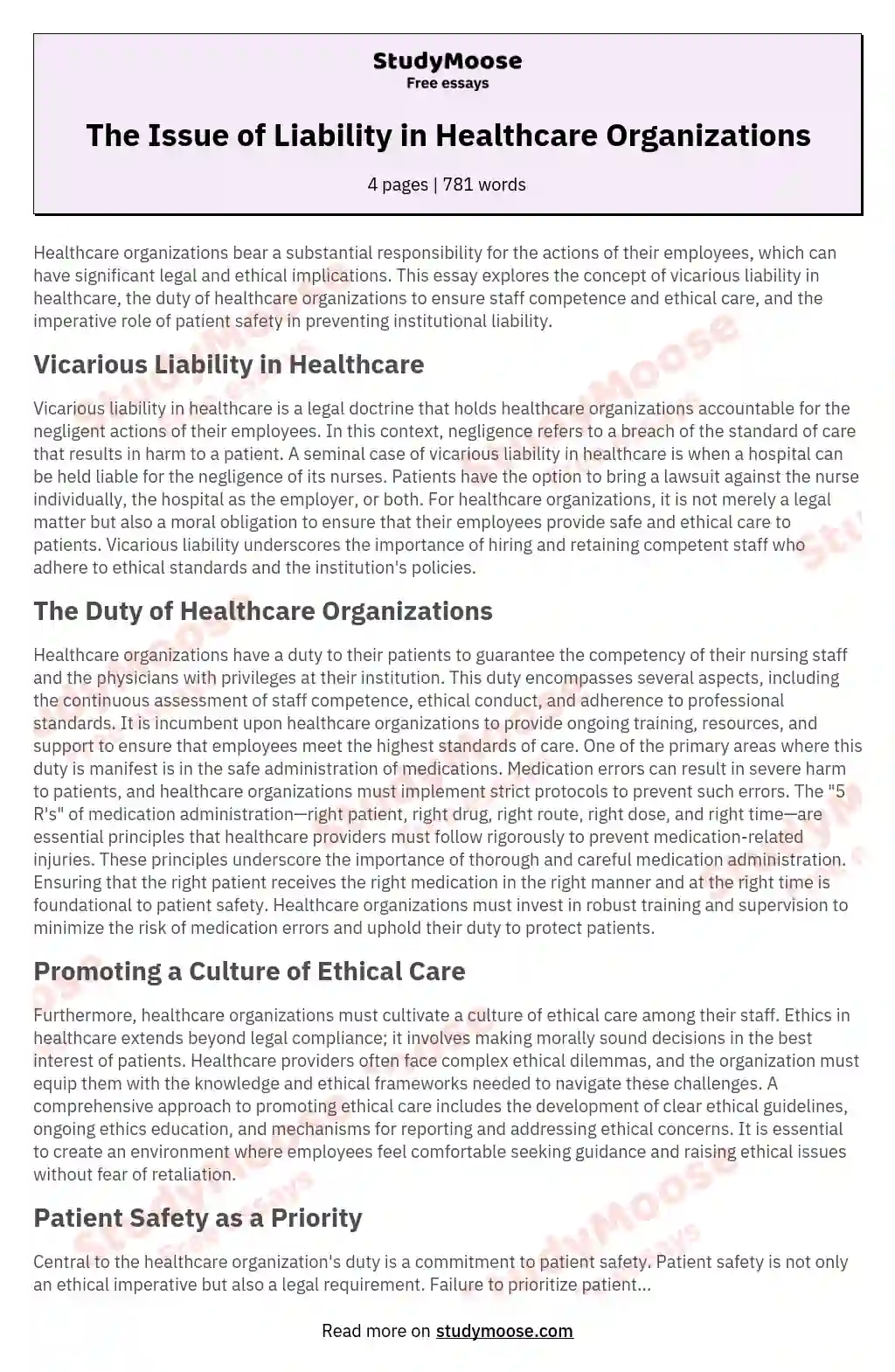 The Issue of Liability in Healthcare Organizations essay