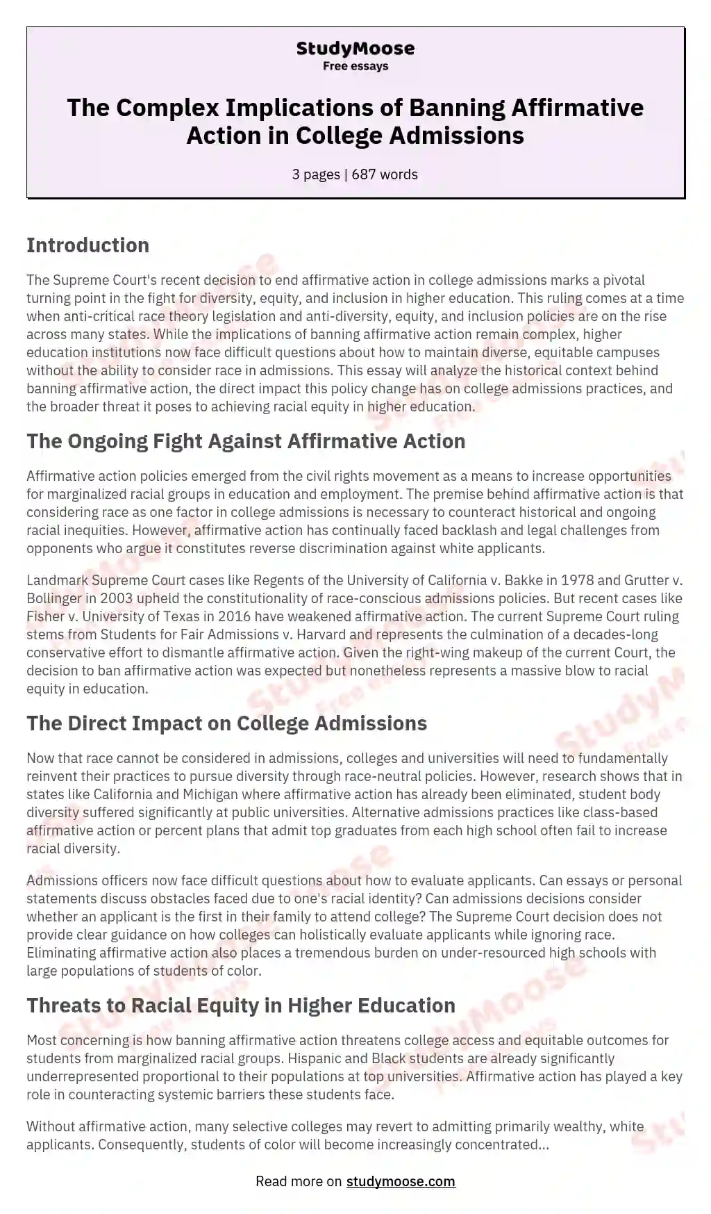 The Complex Implications of Banning Affirmative Action in College Admissions essay