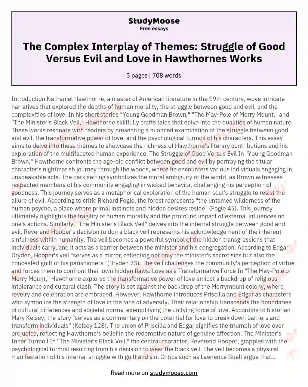 The Complex Interplay of Themes: Struggle of Good Versus Evil and Love in Hawthornes Works essay