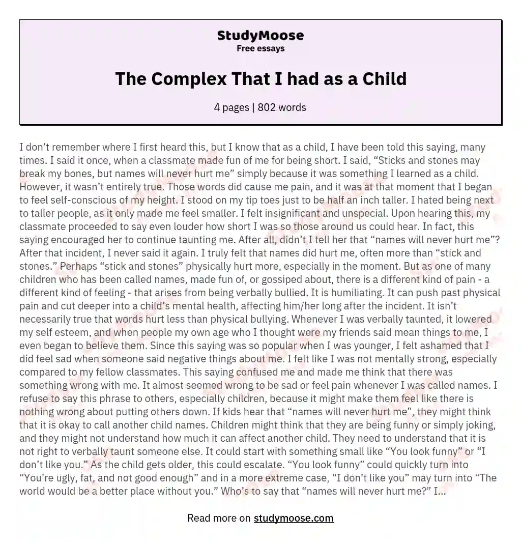 The Complex That I had as a Child essay