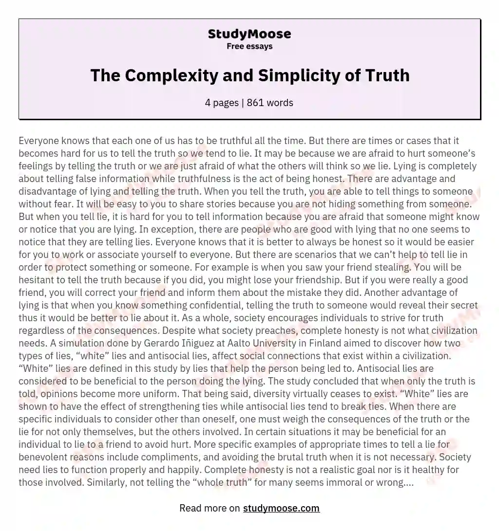 The Complexity and Simplicity of Truth essay