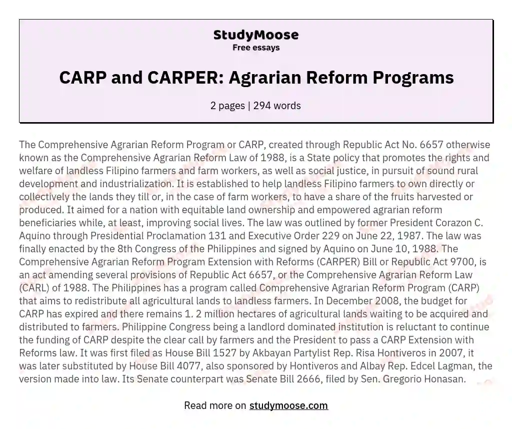 The Comprehensive Agrarian Reform Program and Comprehensive Agrarian Reform Program Extension with Reforms