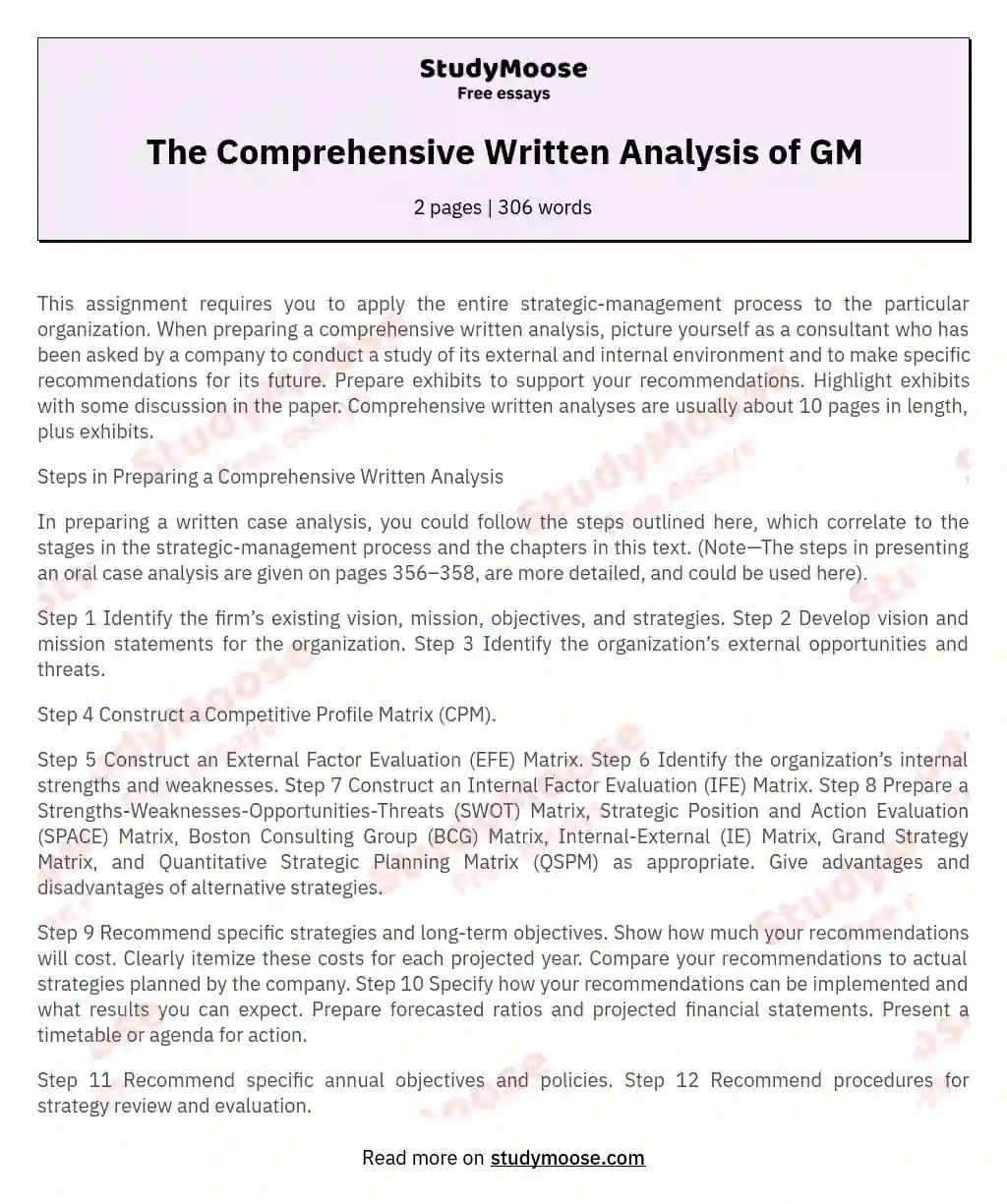 The Comprehensive Written Analysis of GM essay