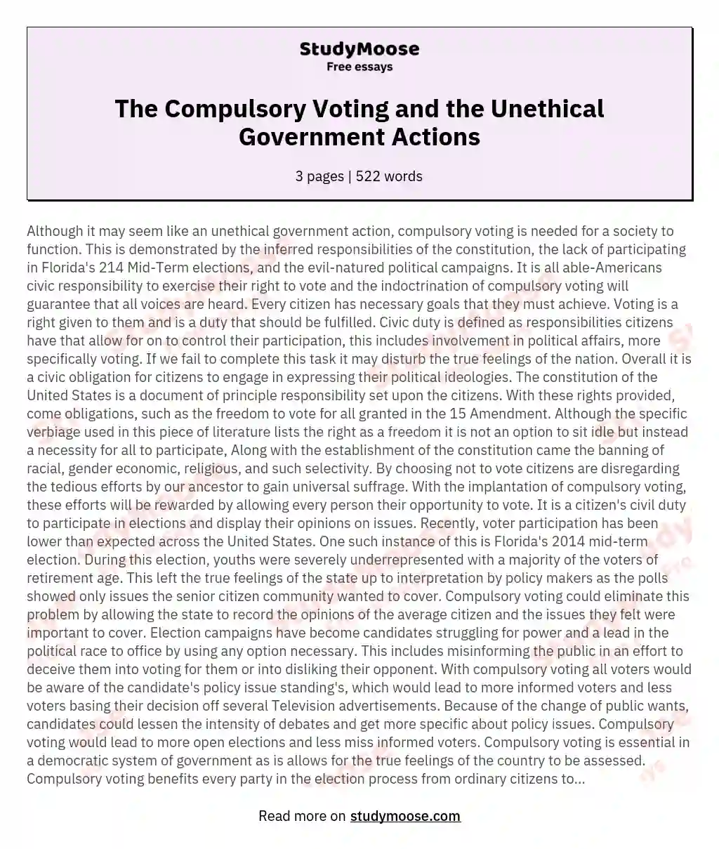The Compulsory Voting and the Unethical Government Actions essay