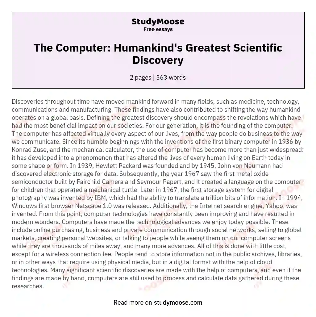 The Computer: Humankind's Greatest Scientific Discovery