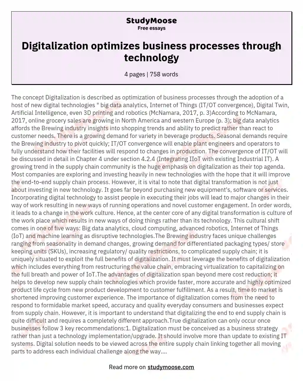 The concept Digitalization is described as optimization of business processes through the