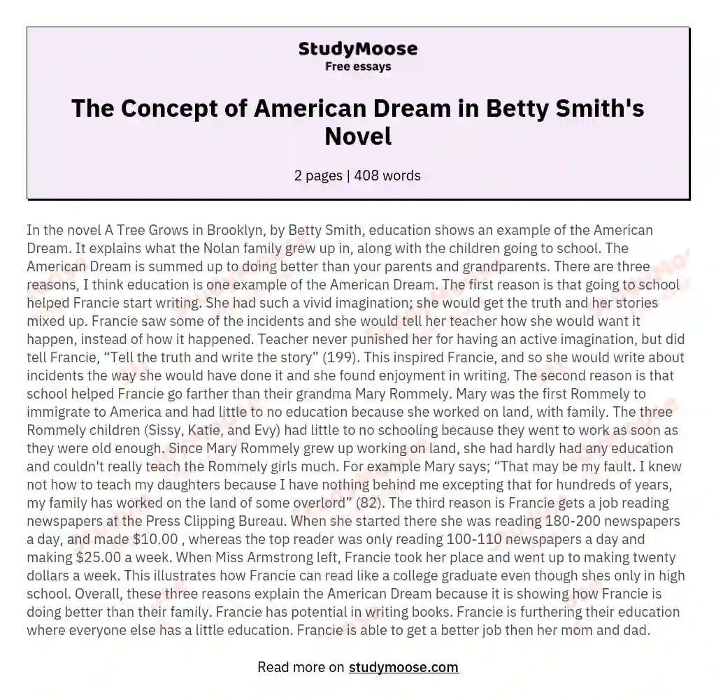 The Concept of American Dream in Betty Smith's Novel essay