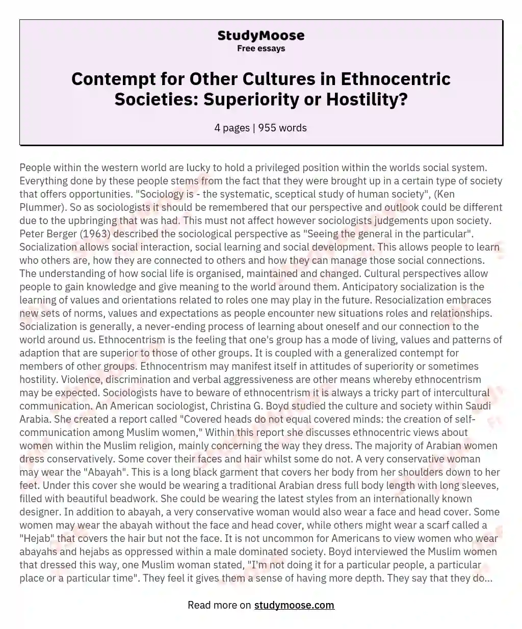 Contempt for Other Cultures in Ethnocentric Societies: Superiority or Hostility?